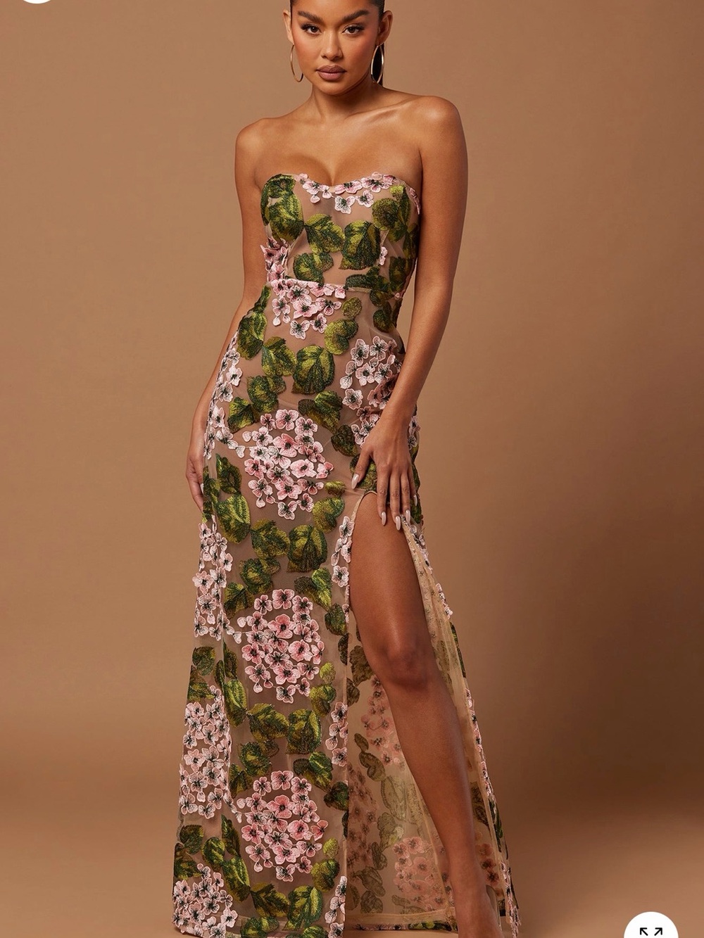 Strapless Pink Floral Maxi Dress with Side Slit - Picture 2 of 5